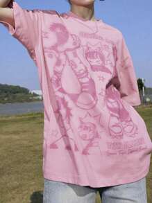 SHEIN 女式动漫人物与字母印花宽松休闲圆领短袖 T 恤，夏季图案 T 恤女式上衣 - 粉色 - 查看 6