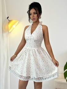 Rafferiza Damen V-Ausschnitt Lässig Elegant Neckholder Kleid, Frühling/Sommer Neuerscheinung - Aprikosenfarben - Übersicht 4