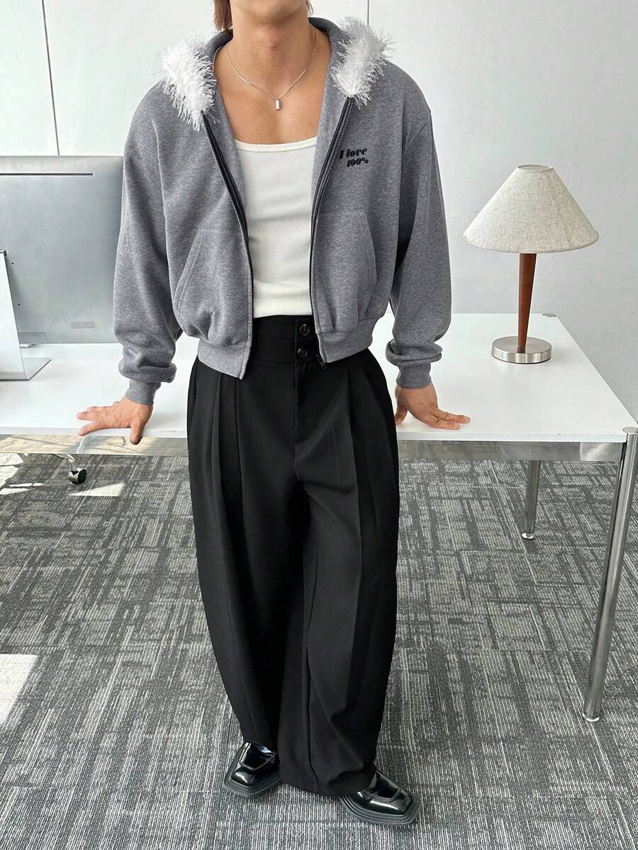 SWAVVY 男士街头时尚针织休闲长袖毛绒领运动衫连帽衫，适合秋冬 - 紅色 - 查看 1