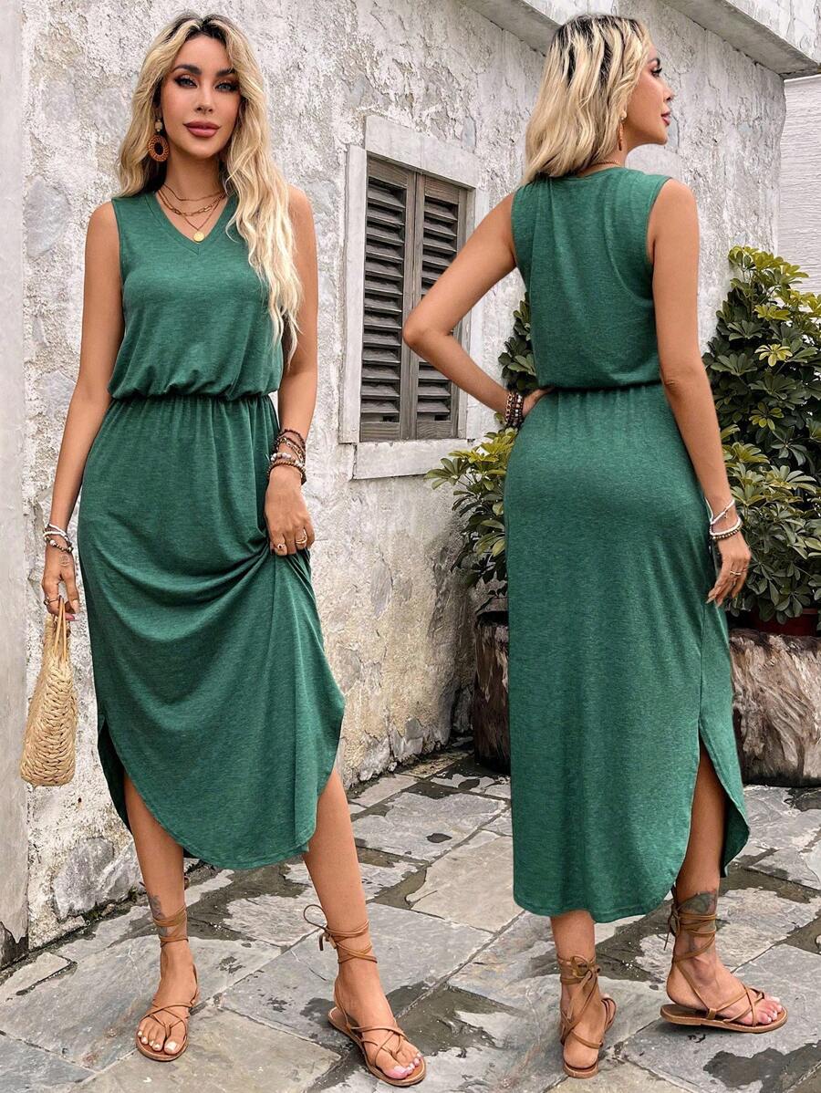 Chiquease 女士优雅休闲通勤度假针织中长连衣裙 - 綠色 - 查看 1