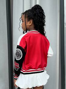SHEIN 青少年女孩紅黑配色校隊夾克，秋季返校休閒校園棒球夾克，印有Logo標語短版棒球服 - 紅色 - 查看 7