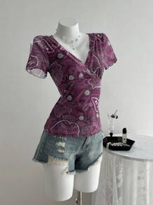 Elamini Damen Lässig Paisley Muster Kurzarm T-Shirt, Sommer - Heißes Pink - Übersicht 3