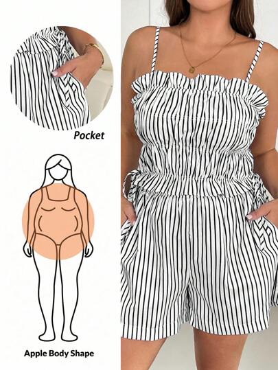 SHEIN Essnce Plus-Size Women's Summer Two Pieces Set, Shorts Set, Casual Women's Set Summer Outfits For Women,Ladies' Halter Tops, Striped Children's Clothing