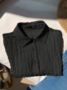 Comfortcana Plus Size Women's Black Textured Casual Fashionable Versatile Short Sleeve Shirt,Back To School - Black - View 5