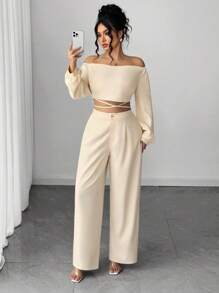 Elenzga 大码女式露肩抹胸蝴蝶结肩带长袖上衣和直腿宽裤两件套