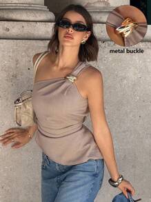 Siren Gaze 金属扣装饰不对称领侧褶办公室女士无袖衬衫，女式秋季上衣单肩上衣浅棕色上衣裸色上衣女式上衣办公室服装