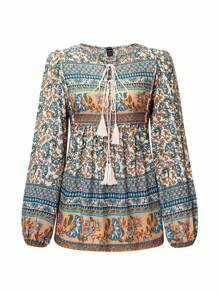 Breezaya Damen Bluse mit Quaste und Bindeband, Laternärmel und Peplum-Ausschnitt