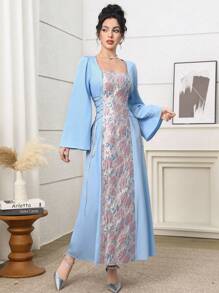 Yasmyna 女式阿拉伯风格提花腰带连衣裙 - 藍色 - 查看 2