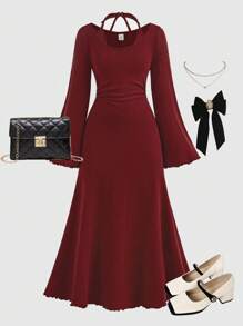 SHEIN Serisse Kids Đầm dài tay cạp trễ màu trơn thời trang thường ngày thanh lịch cho bé gái tuổi teen - Màu Đỏ Sâu - Xem 2