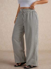 Elaquor 大码女式黑色和杏色条纹休闲通勤裤，百搭日常长裤，2025 年新品 - 彩色 - 查看 2