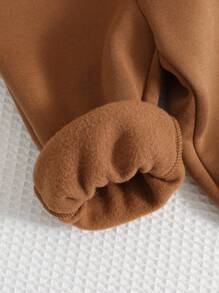 SHEIN 3pcs/Set Baby Boy/Girl Casual Cute Khaki Fleece Jacket Vest Outerwear, Khaki & Brown Striped Sweatshirt And Pants Set, Unisex Baby Clothes, Baby Winter Clothes, Halloween Costume Fall