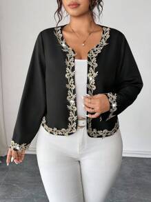 Elenzga Women Plus Size Black Jacket Blazer,Gold Lace Trim,Elegant Formal Evening,Autumn Long Sleeve Round Neck,Work Business Casual Party Fashion Events - Black - View 4