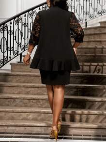 SHEIN Lady Vestidos talla grande con cuello barco de punto elegante, con contraste de encaje y volantes, de manga tres cuartos, ideales para el trabajo, cóctel y ocasiones especiales en primavera, verano y otoño. Conjuntos de talla grande, abrigos de piel sintética talla grande, vestuario de trabajo elegante y ropa de mujer de verano