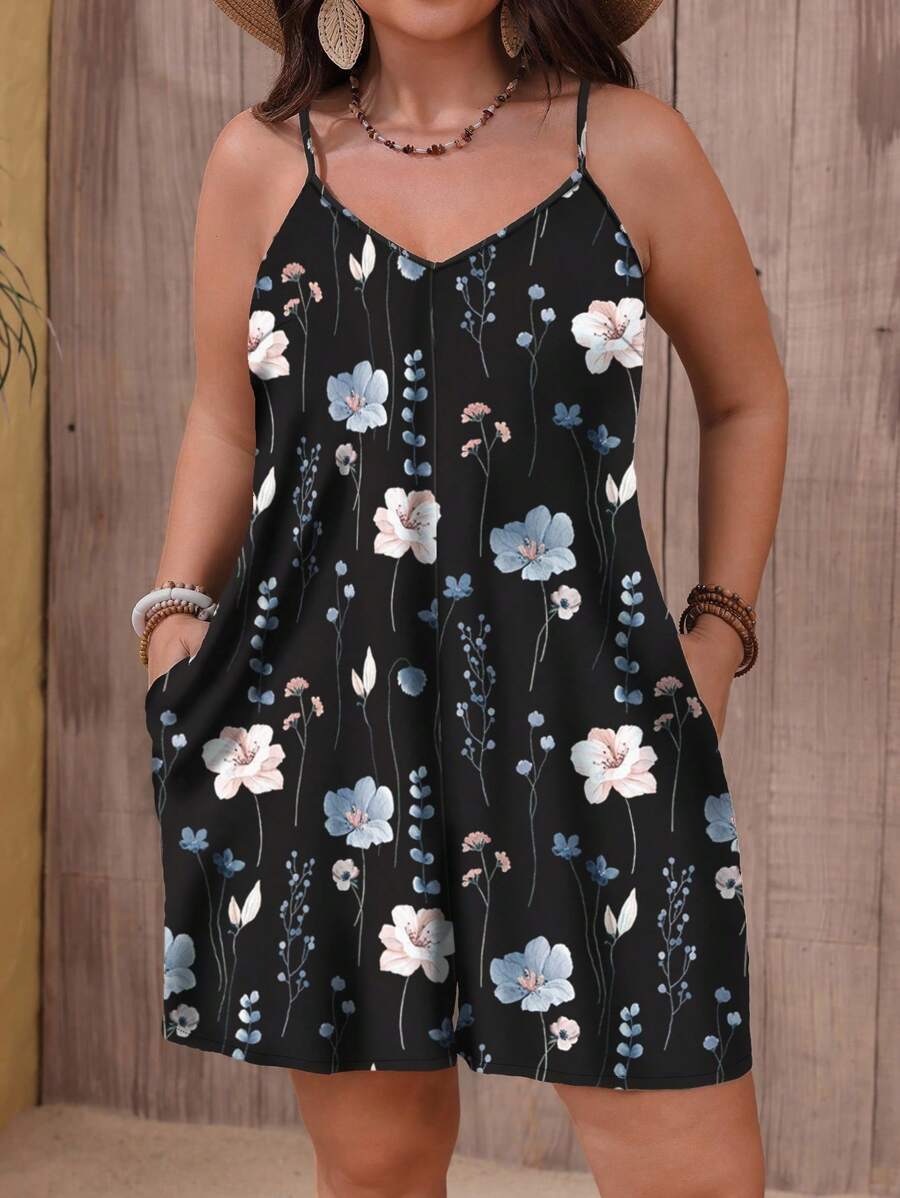 SHEIN VCAY Plus-Size Minimalist Textured Suspender Jumpsuit With Black And Blue Floral Print, Perfect For Summer Casual Wear, Featuring Slanted Pockets. - Black - View 1