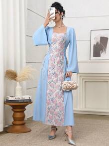 Yasmyna 女式阿拉伯风格提花腰带连衣裙 - 藍色 - 查看 5