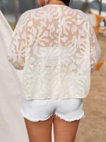 SHEIN Clasi Plus Size Women's Casual Vacation Chiffon Jacquard Tie Front Shirt - White - View 2
