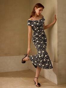 MOTF PREMIUM 绳绣露肩休闲度假优雅日常黑白鱼尾修身中长款女士连衣裙 - 黑色 - 查看 3