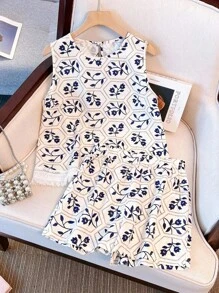 Franclia 2件套 女式夏季休闲印花流苏边吊带背心和短裤 大学校园服装 - 彩色 - 查看 3