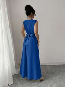 Chiquease 2pcs/Set Women Elegant Ribbon Decor Long Robe & Dress Clothes For University - Navy Blue - View 6