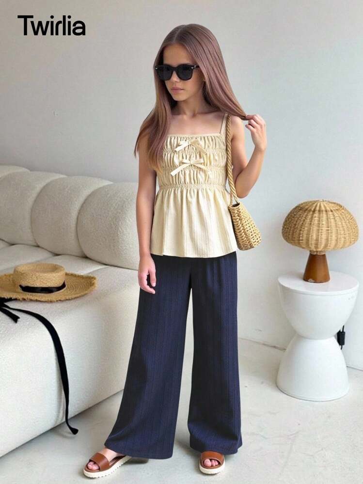 SHEIN 2 件套春夏青少年女孩休闲甜美可爱纹理褶皱宽松背心和阔腿裤套装，适合日常通勤、度假、休闲装 - 杏色 - 查看 3