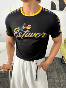 Manfinity VCAY 男士街头风图形字母印花圆领T恤，适合夏季 - 黑色 - 查看 2