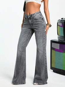 EURMUSE 100%纯棉低腰灰色喇叭牛仔裤 - 深灰色 - 查看 4