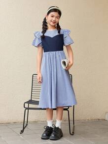 SHEIN 休閒色塊圓領A字裙，適合青少年女孩，腰部設有修身設計，下擺鬆垂 - 藍色 - 查看 4
