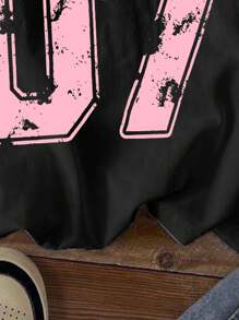 青少年女孩休闲简约时尚运动街头服饰，朋克风格，07号针织休闲系带数字字母印花黑色宽松T恤，适合夏季、返校季，上衣、衬衫、T恤、图案T恤，都市女孩美学青少年女孩芭蕾足球衫07号粉色和黑色T恤 - 彩色 - 查看 5