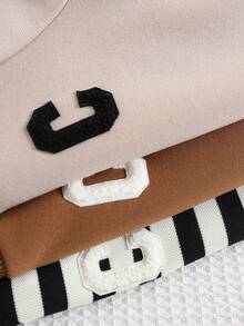 SHEIN 3件套男女款婴儿休闲条纹字母刺绣圆领卫衣，适合秋冬季婴儿服装，幼儿园