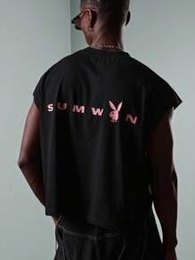 PLAYBOY X SUMWON 夏季节日肌肉背心兔子图案街头潮流都市时尚做旧印花复古风格男士背心 - 黑色 - 查看 3