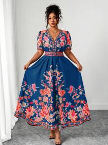 Elenzga Plus Size Women's Fashionable Versatile Thai Maldives Vacation Beach Holiday Bohemian Printed Tie Waist V-Neck Cap Sleeve Dress, Spring Summer - Multicolor - View 5