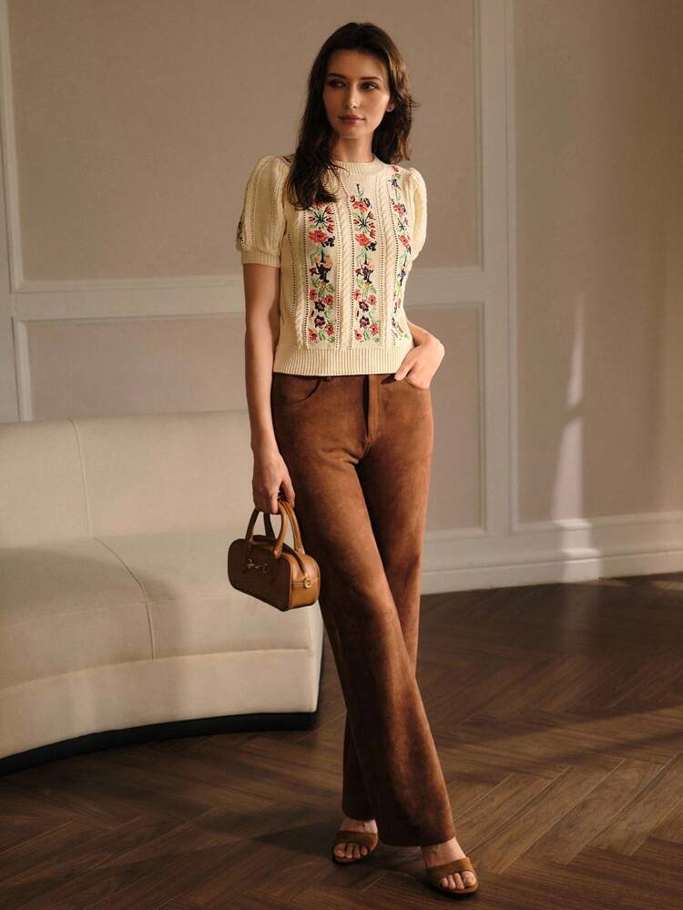 EMBROIDERY FLORAL PATTERN PUFF SHORT SLEEVE CABLE KNIT TOP KNIT PULLOVER FALL WINTER