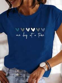 EMERY ROSE Áo phông nữ tay ngắn màu xanh nhạt in hình trái tim "One Day At A Time" - Polyester mềm, cổ tròn, có thể giặt bằng máy, thời trang xuân/hè thiết yếu, áo phông hàng ngày | Áo cổ tròn | Vải Polyester - Màu xanh hải quân - Xem 1