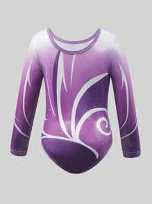 SHEIN Young Girls Activewear Purple Ombre Shiny Leotard, Long Sleeve Bodysuit, Suitable For All Seasons, Training & Competition Fall Winter