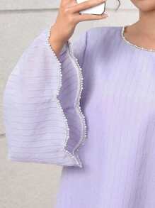 Yasmyna 圆领珍珠喇叭袖荷叶边珍珠夏季优雅浪漫飘逸连衣裙 - 紫色 - 查看 5