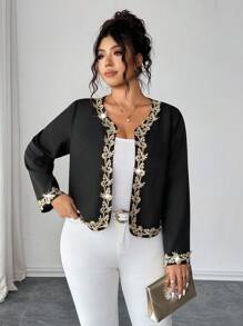 Elenzga Women Plus Size Black Jacket Blazer,Gold Lace Trim,Elegant Formal Evening,Autumn Long Sleeve Round Neck,Work Business Casual Party Fashion Events - Black - View 5