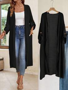 Rosumi Plus Size Women Black Color Roll Up Sleeve Casual Long Jacket Holiday Outfits Boho,Autumn,Fall Women's Clothes,Fall Clothes,Country Concert Clothing Outfits,Fall Women Clothes Winter