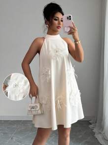 Elenzga 女式无袖领结 A 字形连衣裙，带有 3D 花卉装饰 - 米色 - 查看 1