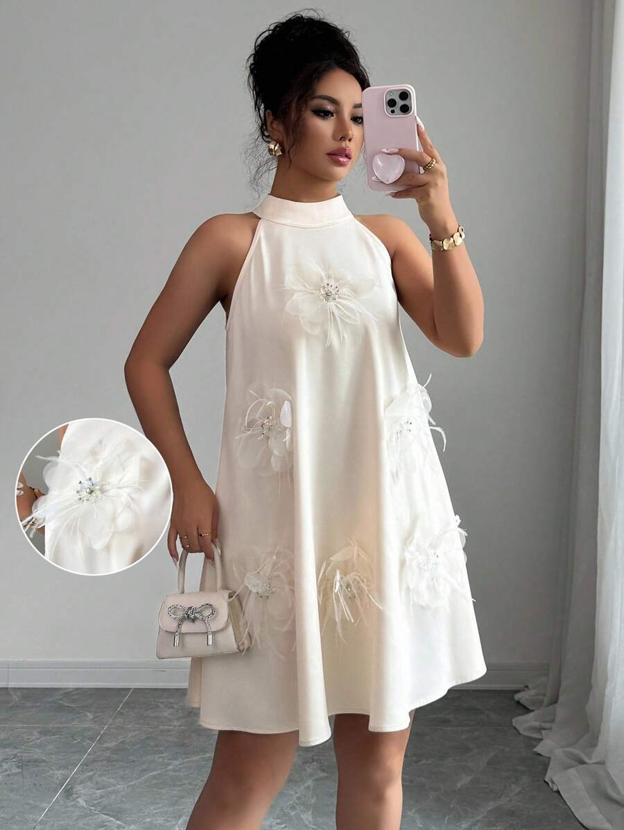 Elenzga 女式无袖领结 A 字形连衣裙，带有 3D 花卉装饰 - 米色 - 查看 1