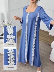 Yasmyna Spring Summer Square Neck Floral Trim Dress