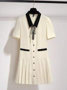 Franclia Women's Elegant College Style Color Contrast Bow Pleated Mini Dress Summer Dress Clothes For University