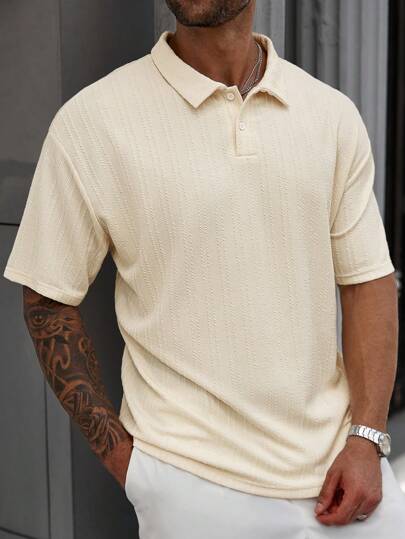 Manfinity Homme Plus Size Men's Casual Summer Solid Color Textured Fabric Short Sleeve Polo Shirt