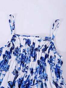 Sparklyn 女童花卉印花吊带背心和阔腿裤套装，夏季度假休闲装 - 藍色 - 查看 7