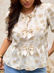 Elaquor Plus Size Embroidery Fabric Blouse, Women's Casual Crew Neck Short Sleeve Button Design Short Sleeve Shirt, Versatile For Commuting, Outing, Dating, New Style 2025