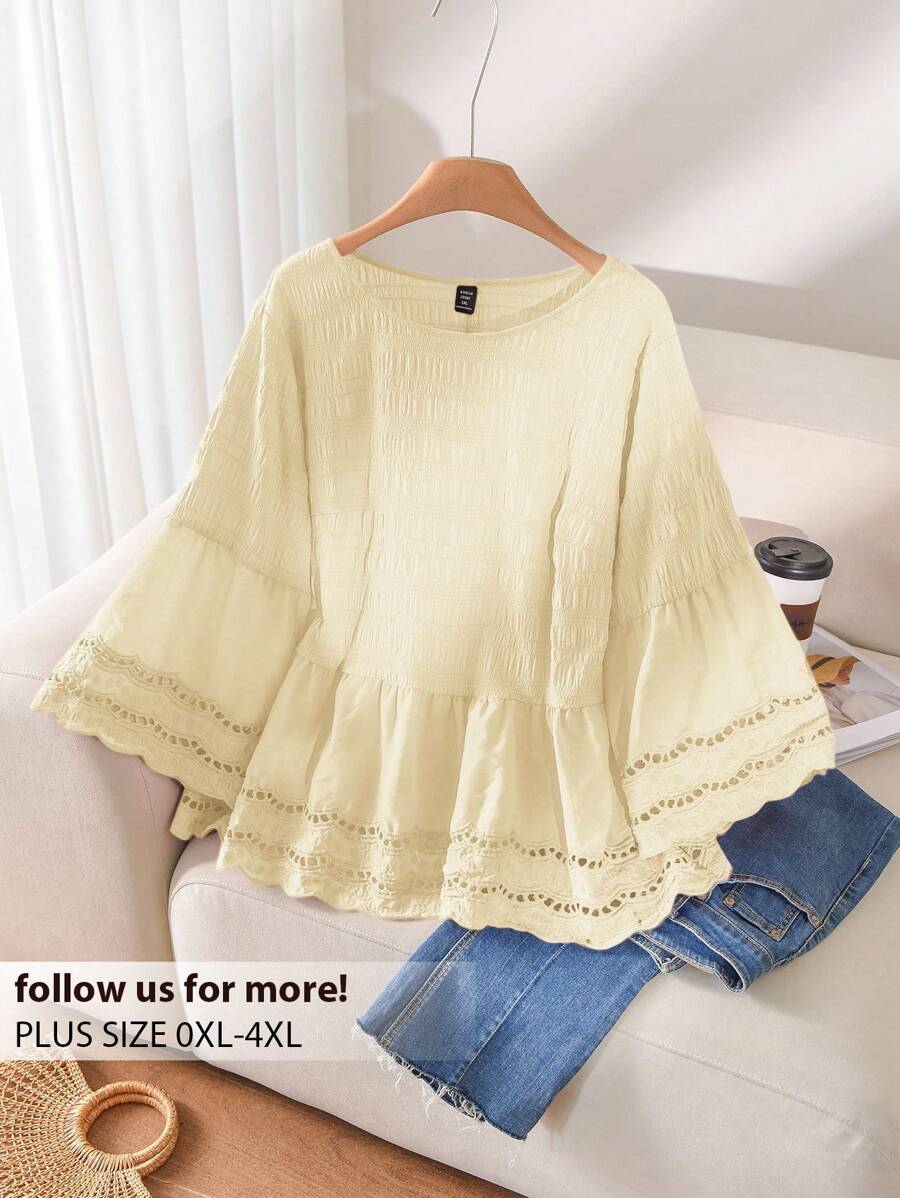 CosyJoli Blus Lengan Lonceng Bordir Jala Warna Polos Elegan untuk Wanita Ukuran Plus, Atasan untuk Acara Keluar Wanita - Aprikot - View 1
