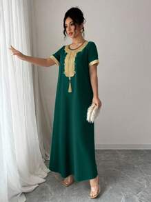 Rafferiza Women's Casual Elegant Gold Lace Trim Long Sleeve Dress Summer Dress Clothes For University - Dark Green - View 5