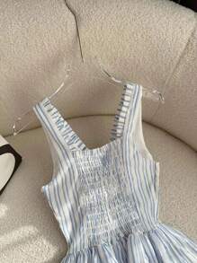 SHEIN LUNE 条纹 V 领褶饰 A 字腰优雅女式迷你连衣裙 - 藍色 - 查看 2