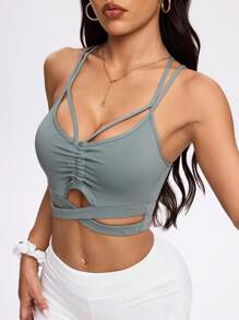 SHEIN Sovereign Charm 女士纯色交叉镂空运动文胸 - 軍綠色 - 查看 3
