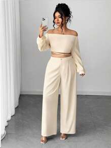 Elenzga 大码女式露肩抹胸蝴蝶结肩带长袖上衣和直腿宽裤两件套