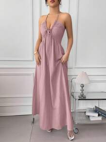 Rafferiza Solid Color Halter Backless A-Line Dress - Pink - View 4